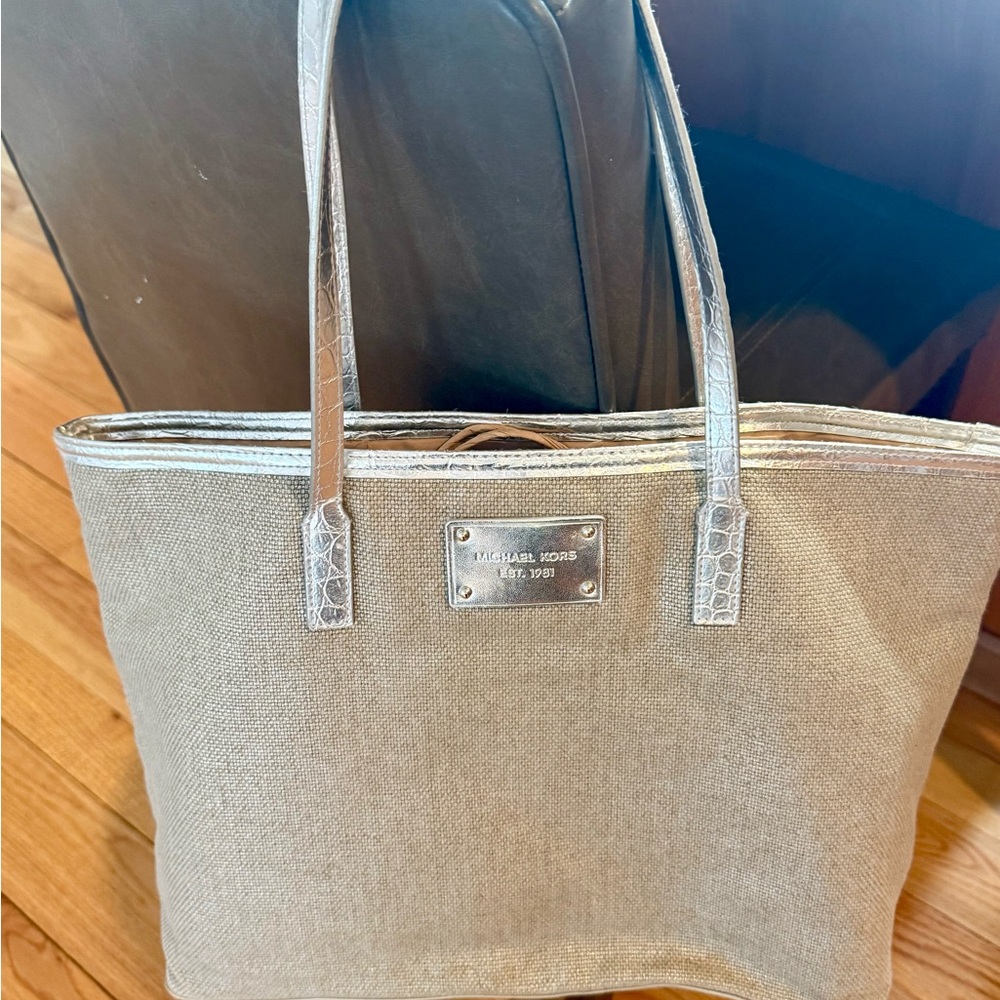Michael Kors Metallic Silver and Beige Tote